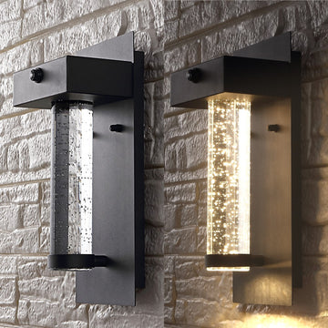 Horizone 5.5" Minimalist Industrial Iron/Glass Seeded Glass with Dusk-to-Dawn Sensor Integrated LED Outdoor Sconce - JONATHAN Y